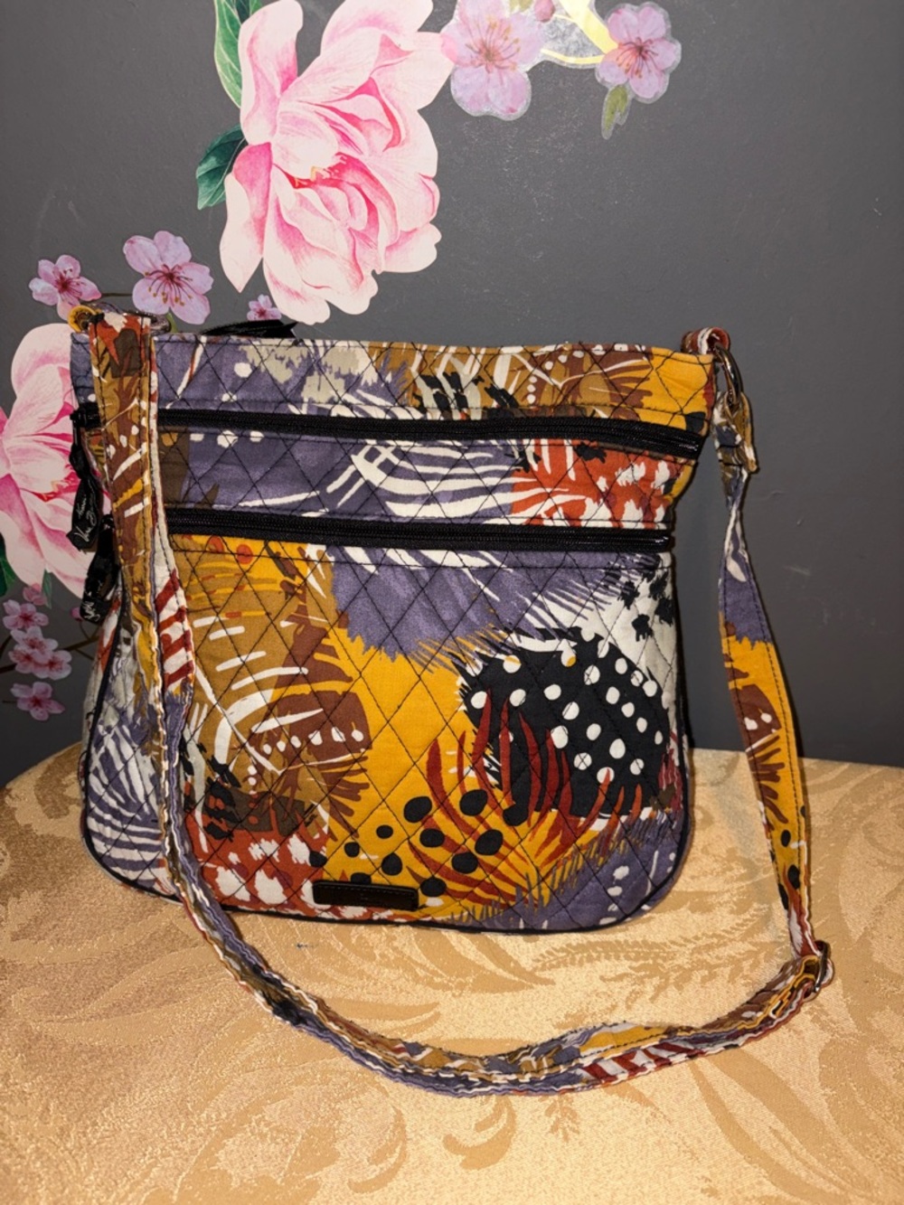 Vera Bradley Quilted Crossbody in Mustard Brown and Purple Floral Print